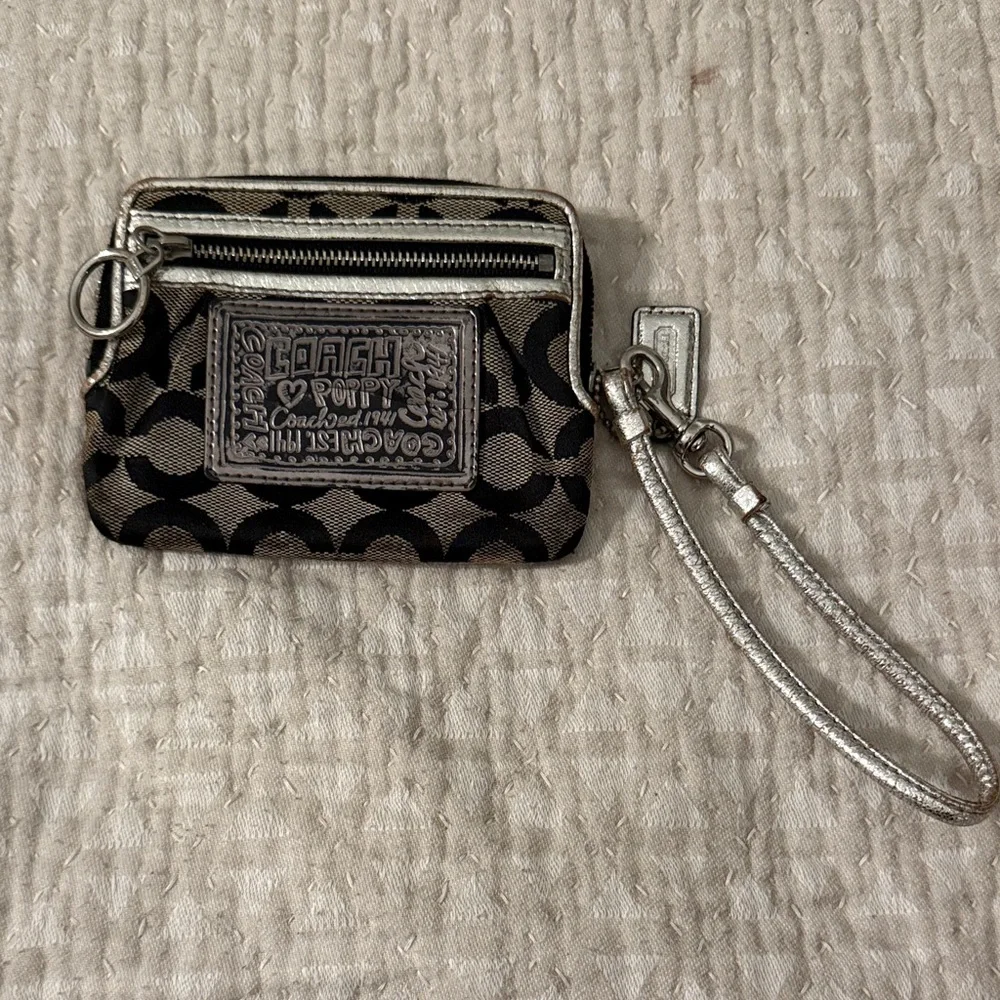 Coach Black and Silver Signature Wristlet Card Case